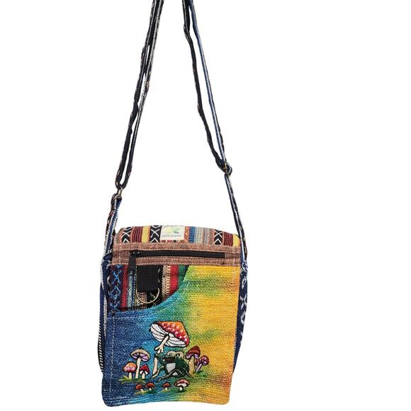 NWT Hemp Small Messenger with Mushroom Frog Front Open Pocket 2 Zipper Pockets - Picture 2 of 7